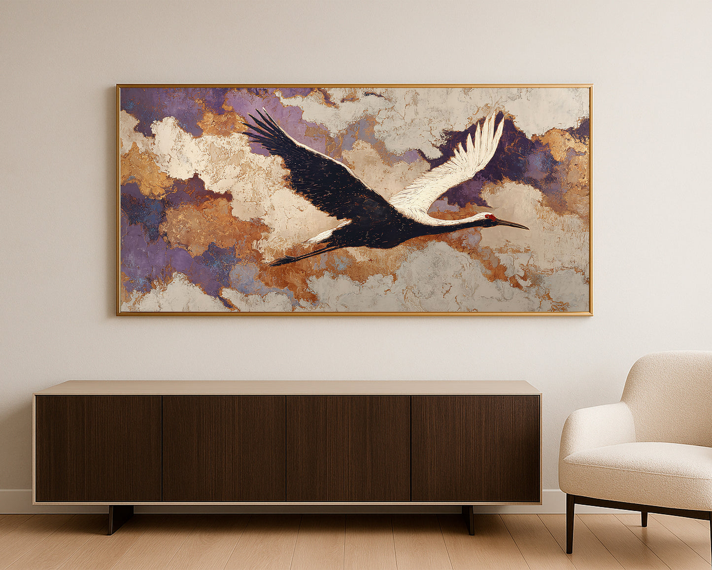 Wide bird wall art featuring a graceful crane in flight with black wings, ivory body, and textured neutral background.