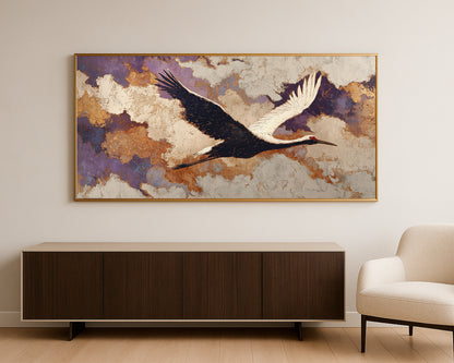 Wide bird wall art featuring a graceful crane in flight with black wings, ivory body, and textured neutral background.