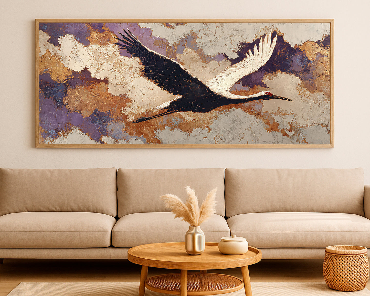 Elegant panoramic animal print with a flying crane, warm gold accents, and layered abstract painterly texture.