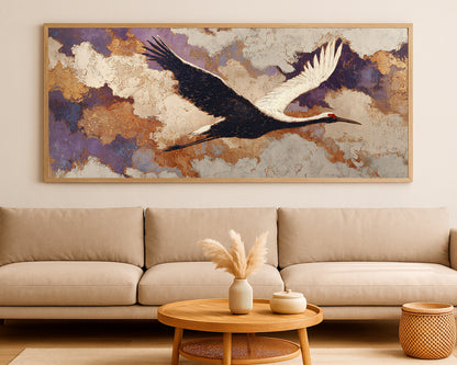 Elegant panoramic animal print with a flying crane, warm gold accents, and layered abstract painterly texture.