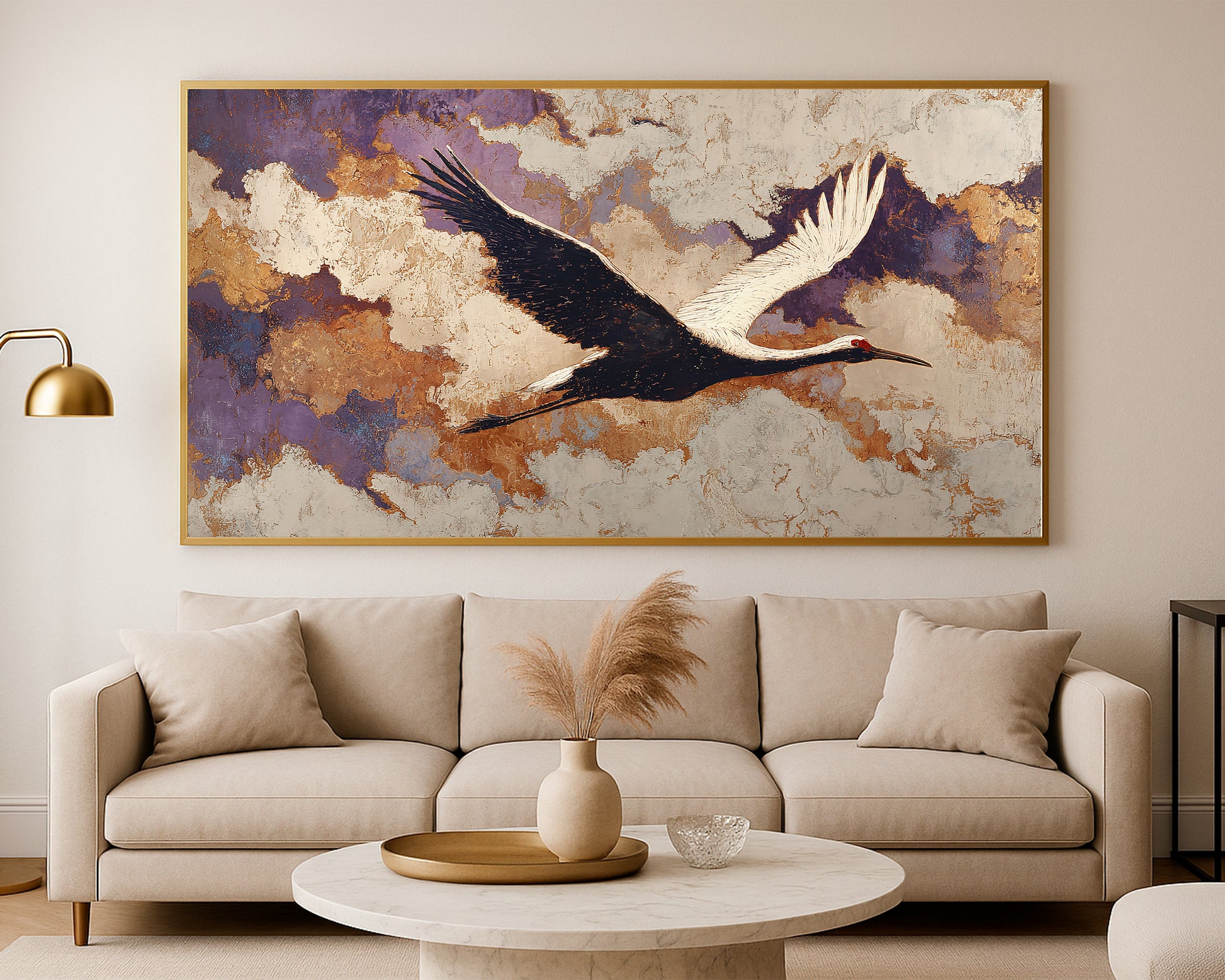 Refined crane bird artwork with white and black wings over a weathered ivory, taupe, purple, and gold composition.