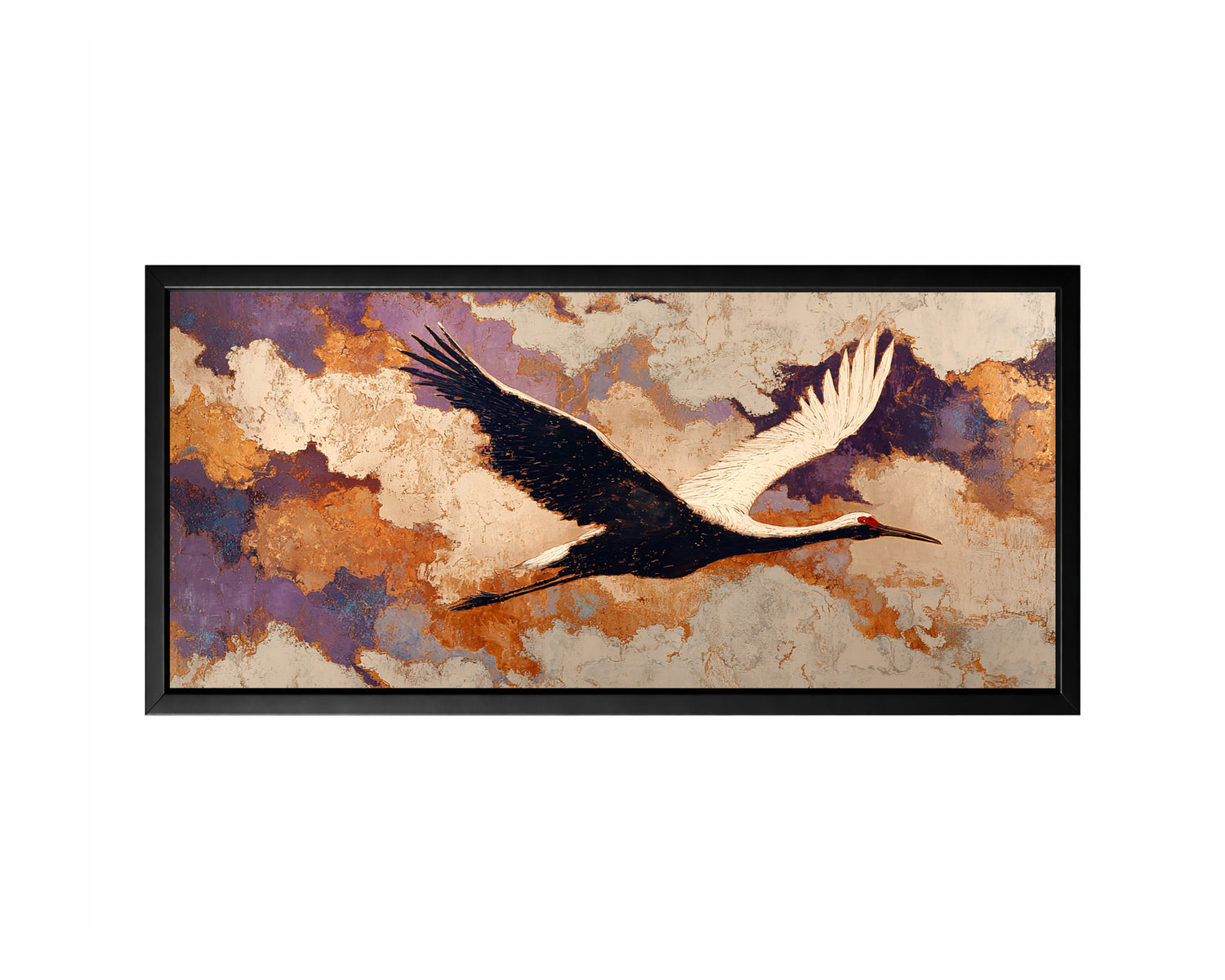 Panoramic crane wall art with a black and white bird in flight over a textured ivory, purple, taupe, and gold background.