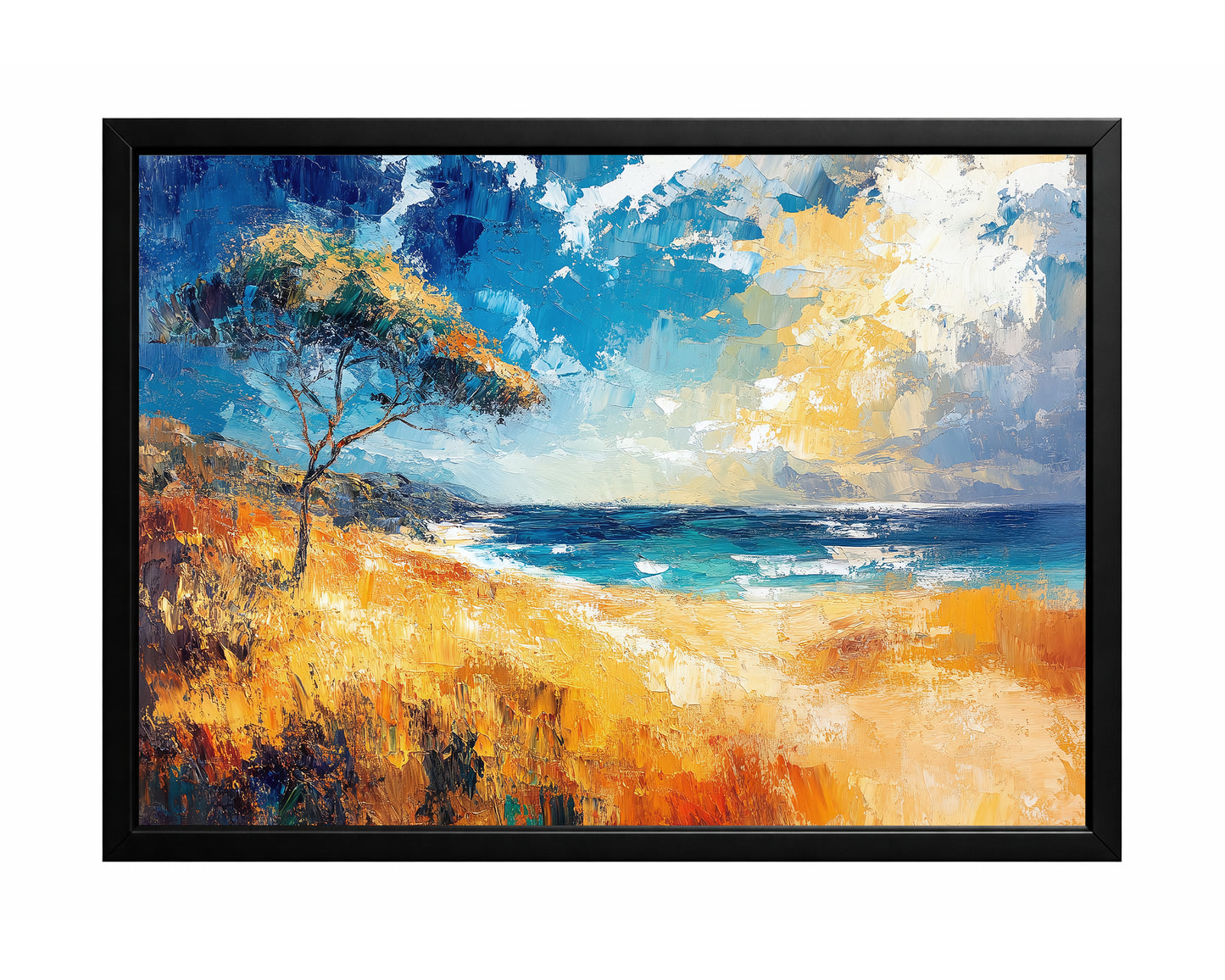 Coastal landscape wall art with a lone tree, golden shoreline, turquoise sea, and dramatic blue sky.