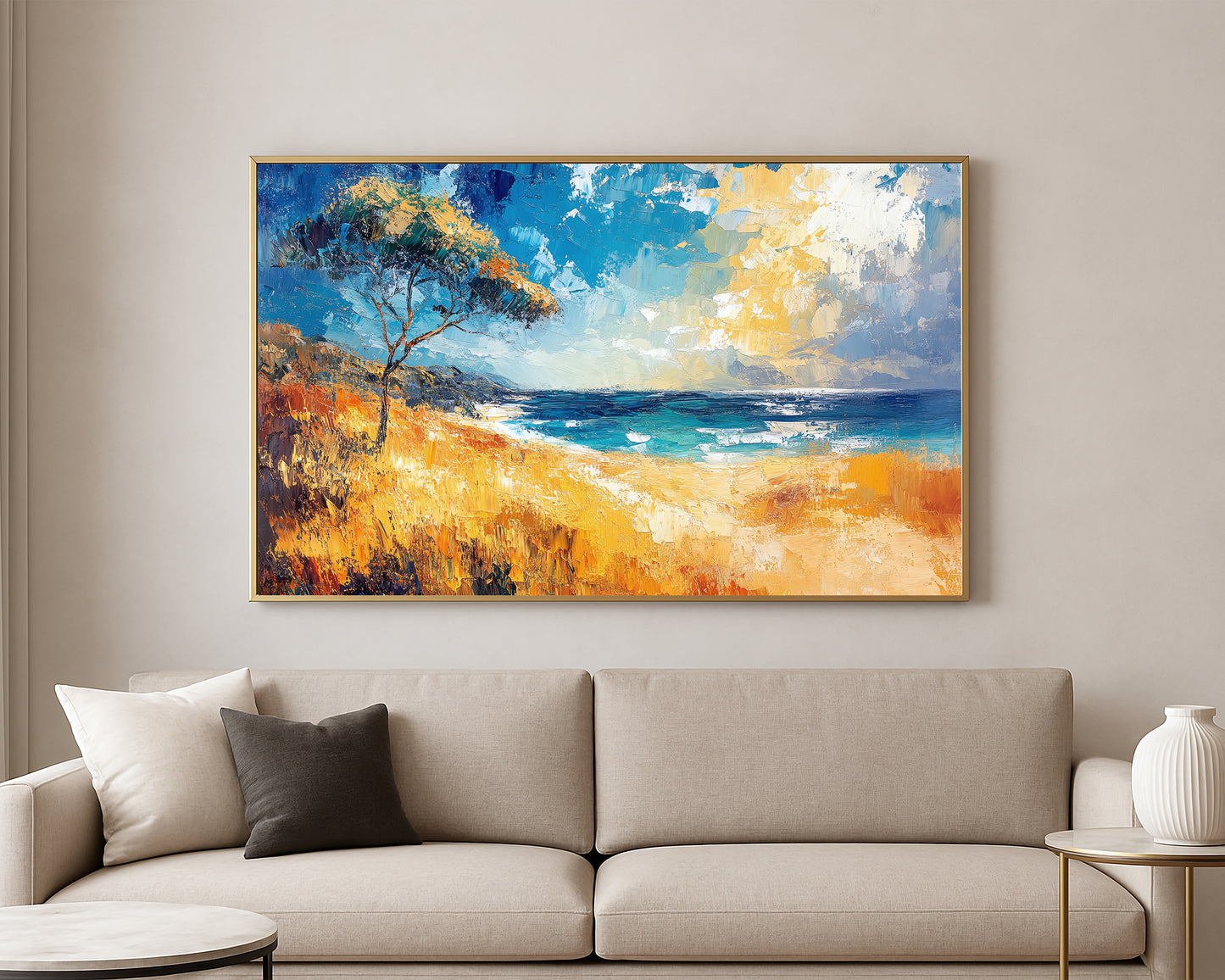 Textured seaside painting featuring a bright sandy coast, calm blue water, and a windswept tree under an expressive sky.
