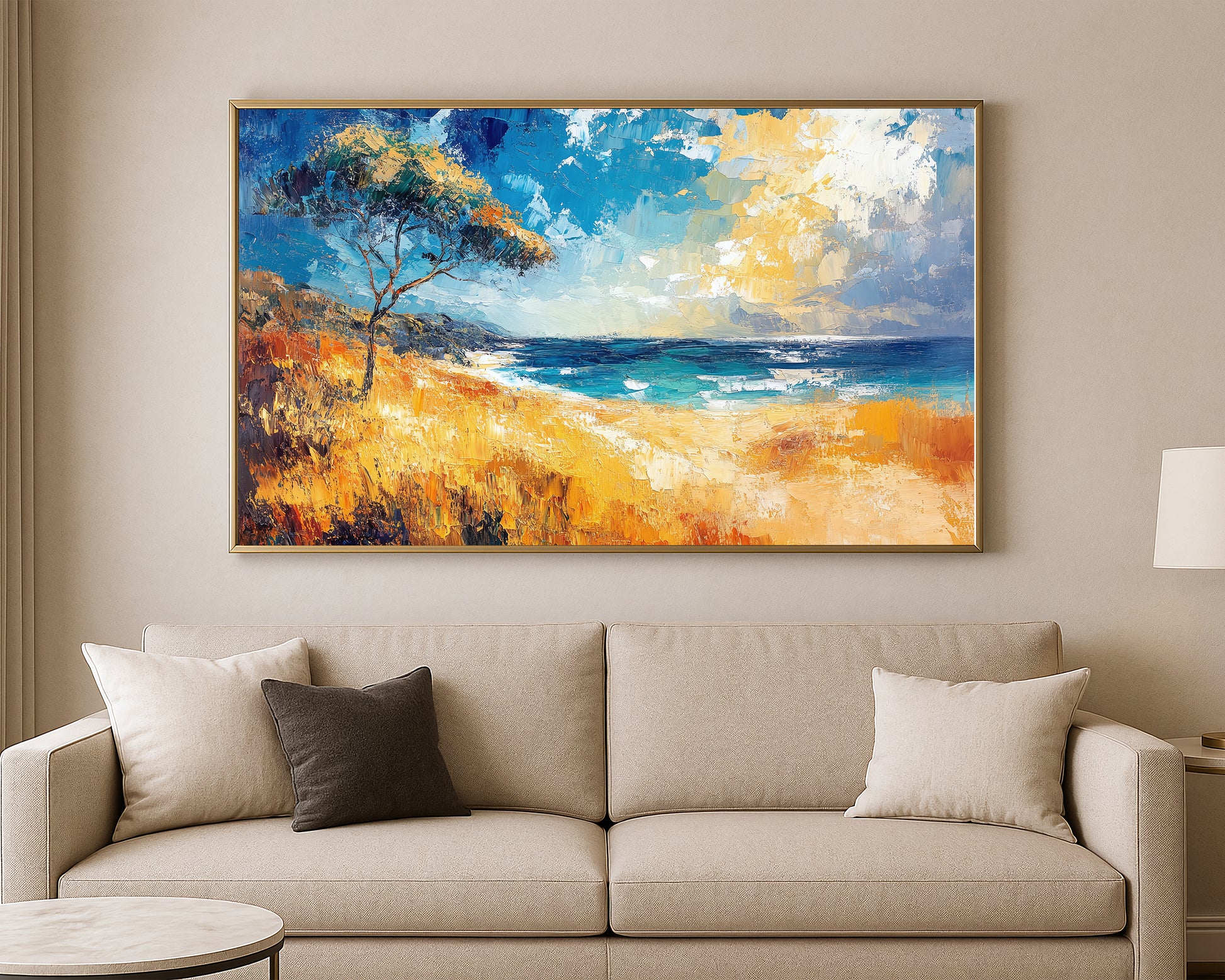 Scenic coastal artwork showing golden grasses, a turquoise shoreline, and a solitary tree against a vivid blue sky.