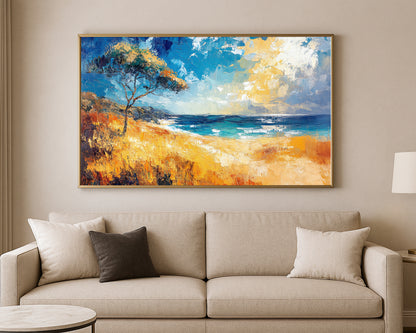 Scenic coastal artwork showing golden grasses, a turquoise shoreline, and a solitary tree against a vivid blue sky.