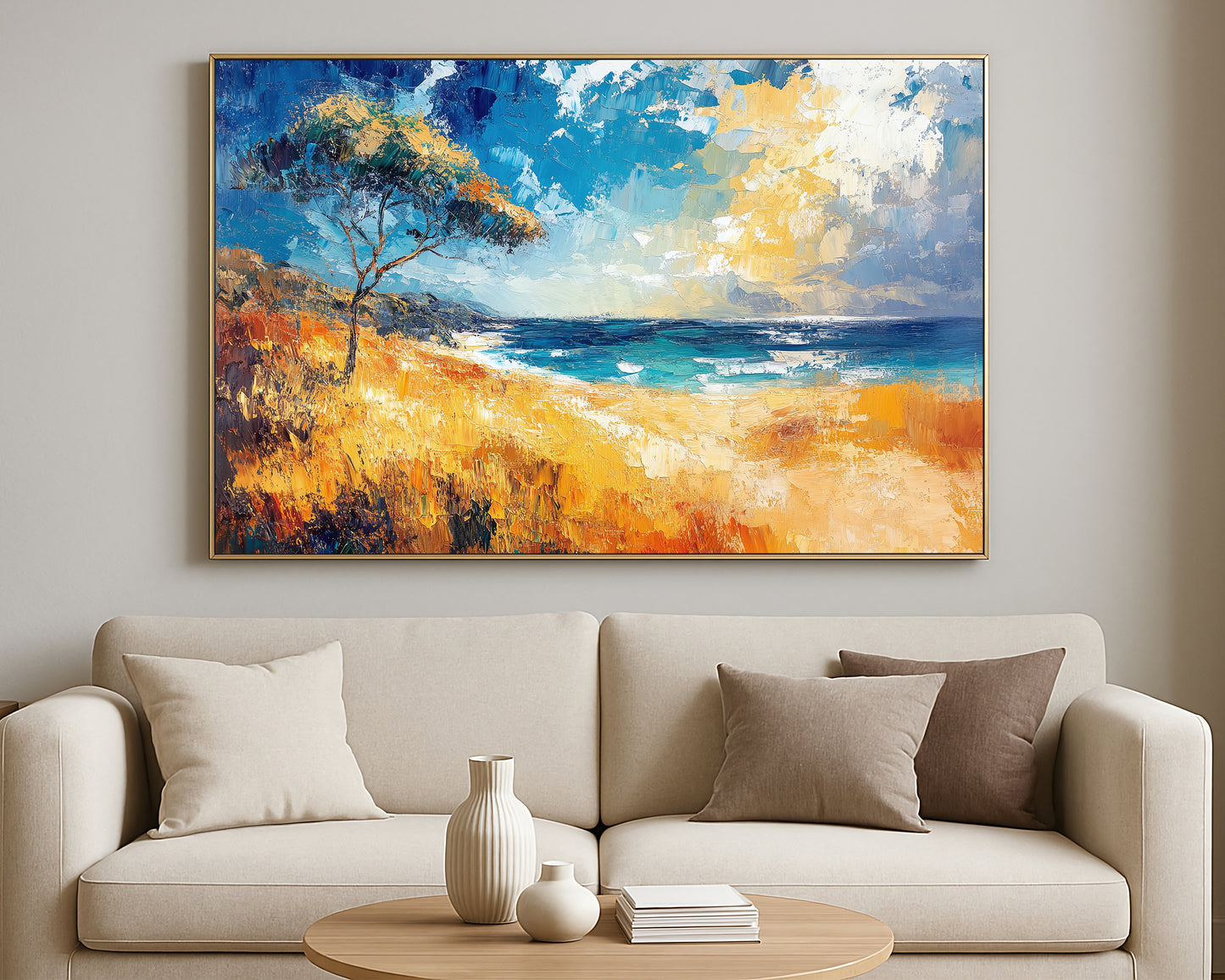 Painterly beach landscape with warm golden tones, layered ocean blues, and a single tree overlooking the coast.