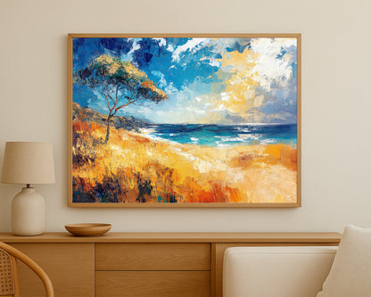 Nature wall art of a sunlit coastal scene with textured brushstrokes, bright sea tones, and a windswept tree near the shore.