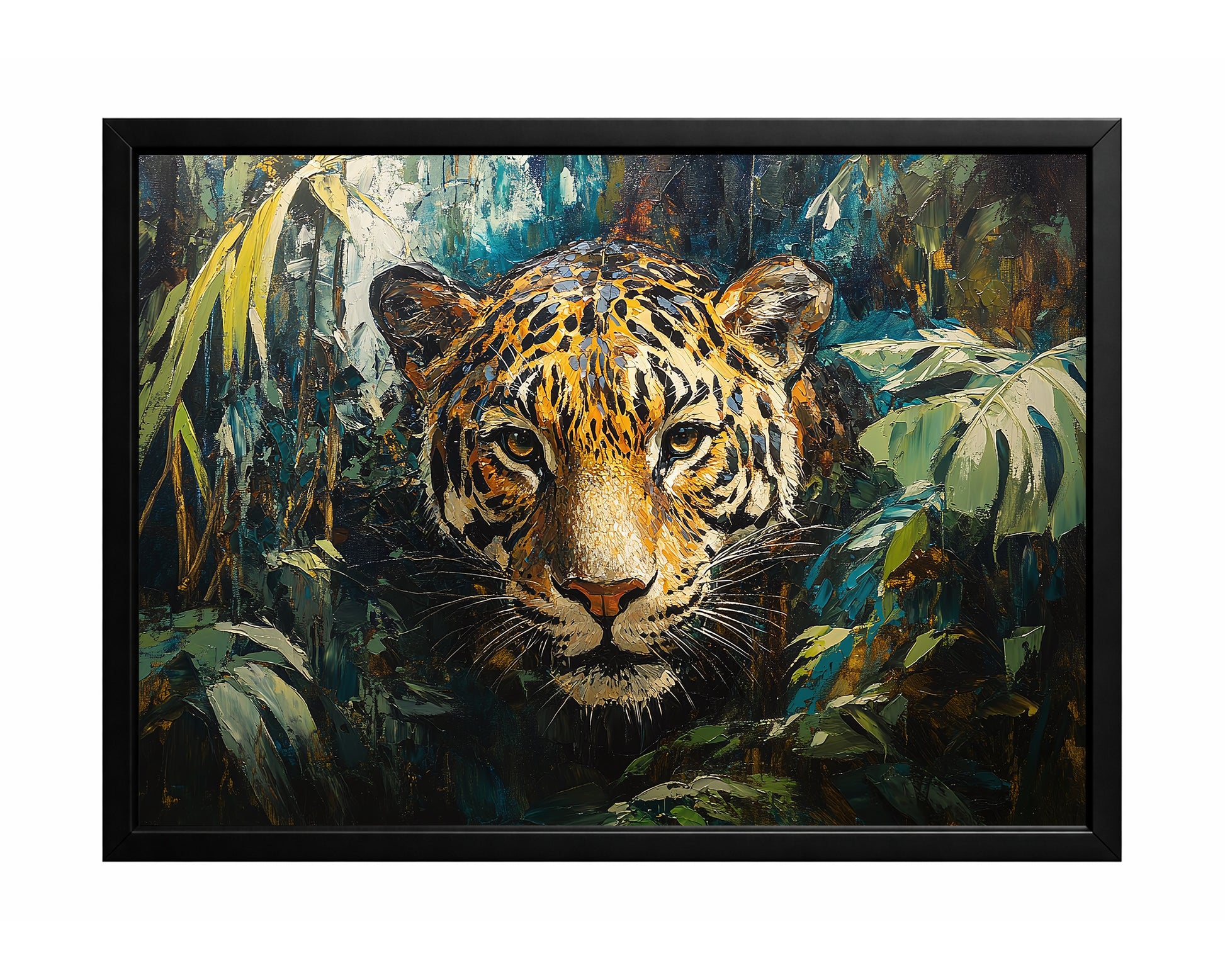 Close-up leopard portrait in a dense jungle with deep green foliage and rich golden highlights.