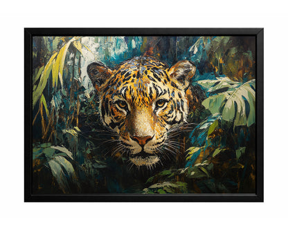 Close-up leopard portrait in a dense jungle with deep green foliage and rich golden highlights.