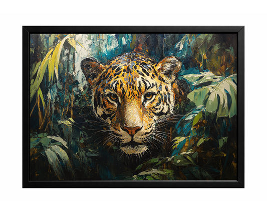 Close-up leopard portrait in a dense jungle with deep green foliage and rich golden highlights.