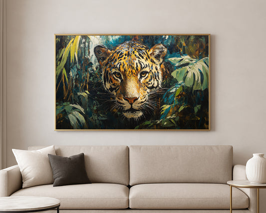 Wildlife wall art featuring a leopard face emerging through lush tropical leaves in a dark textured forest setting.