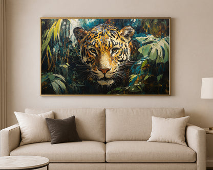 Expressive leopard painting with bold orange, black, and cream markings surrounded by layered jungle greenery.