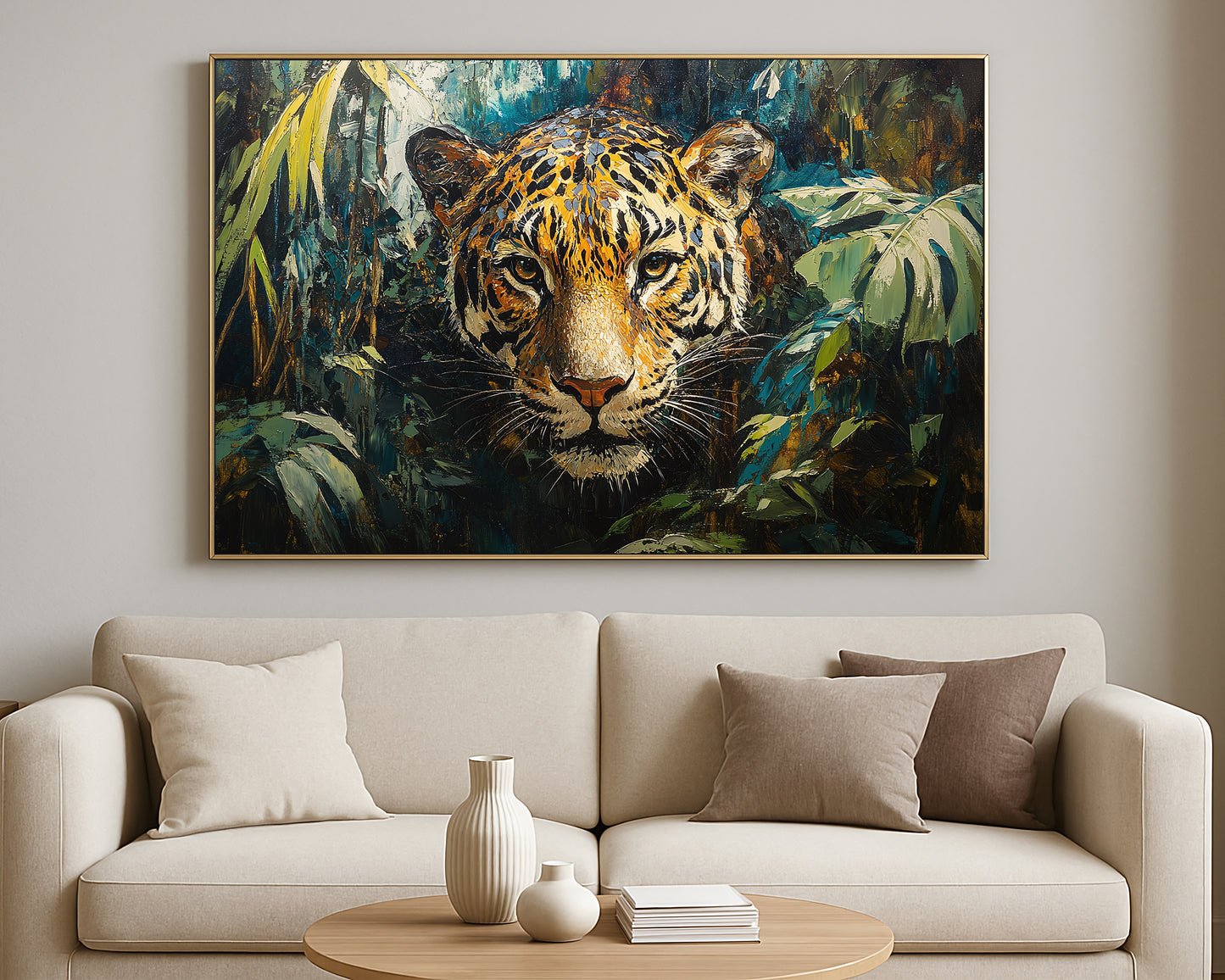 Animal artwork showing a leopard staring forward from dense foliage with dramatic teal, green, and gold tones.