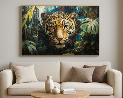 Animal artwork showing a leopard staring forward from dense foliage with dramatic teal, green, and gold tones.