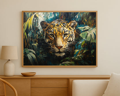 Textured jungle leopard art with detailed whiskers, intense eyes, and tropical leaves framing the face.