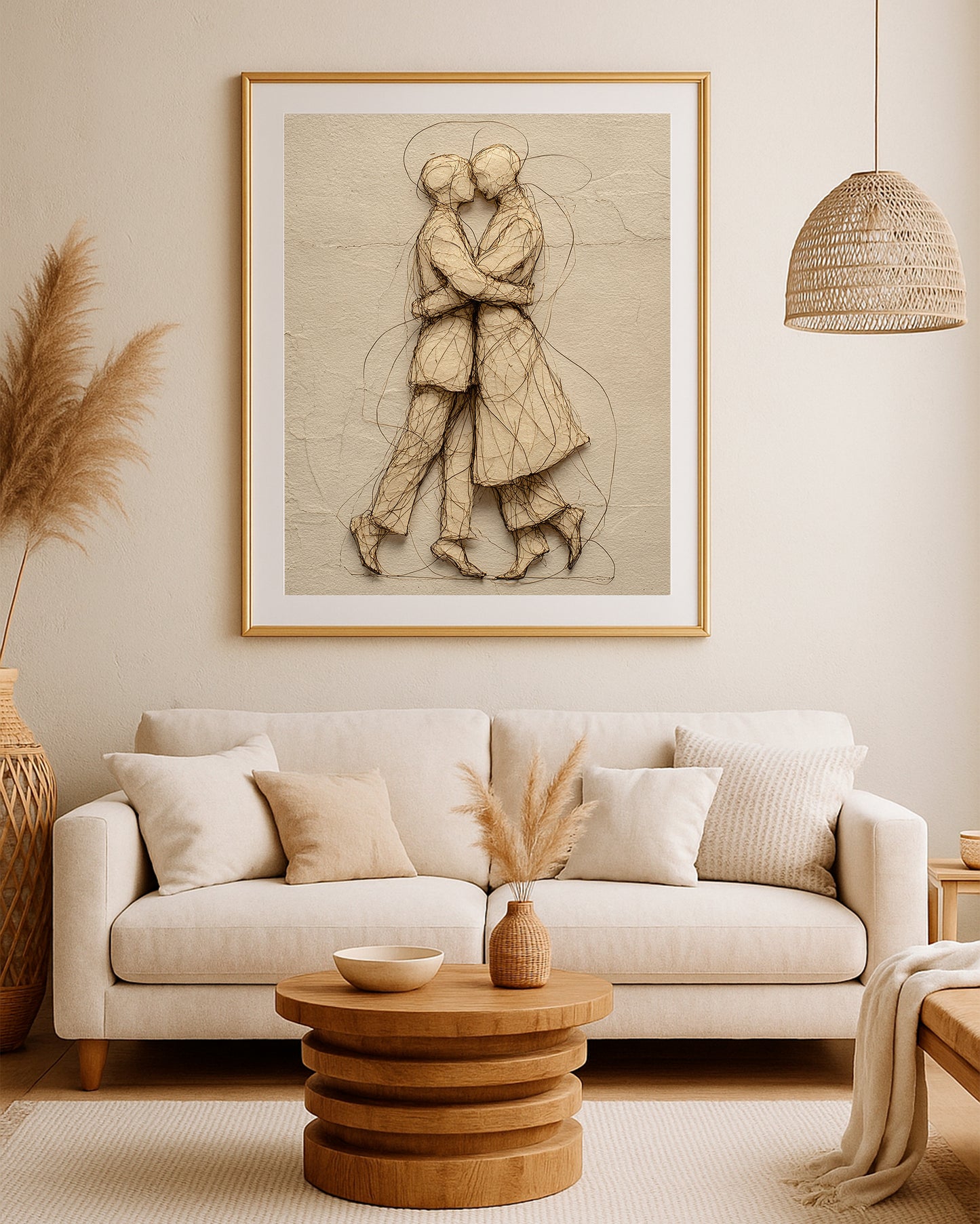 Romantic beige couple print featuring two figures in an intimate embrace with delicate brown line details.