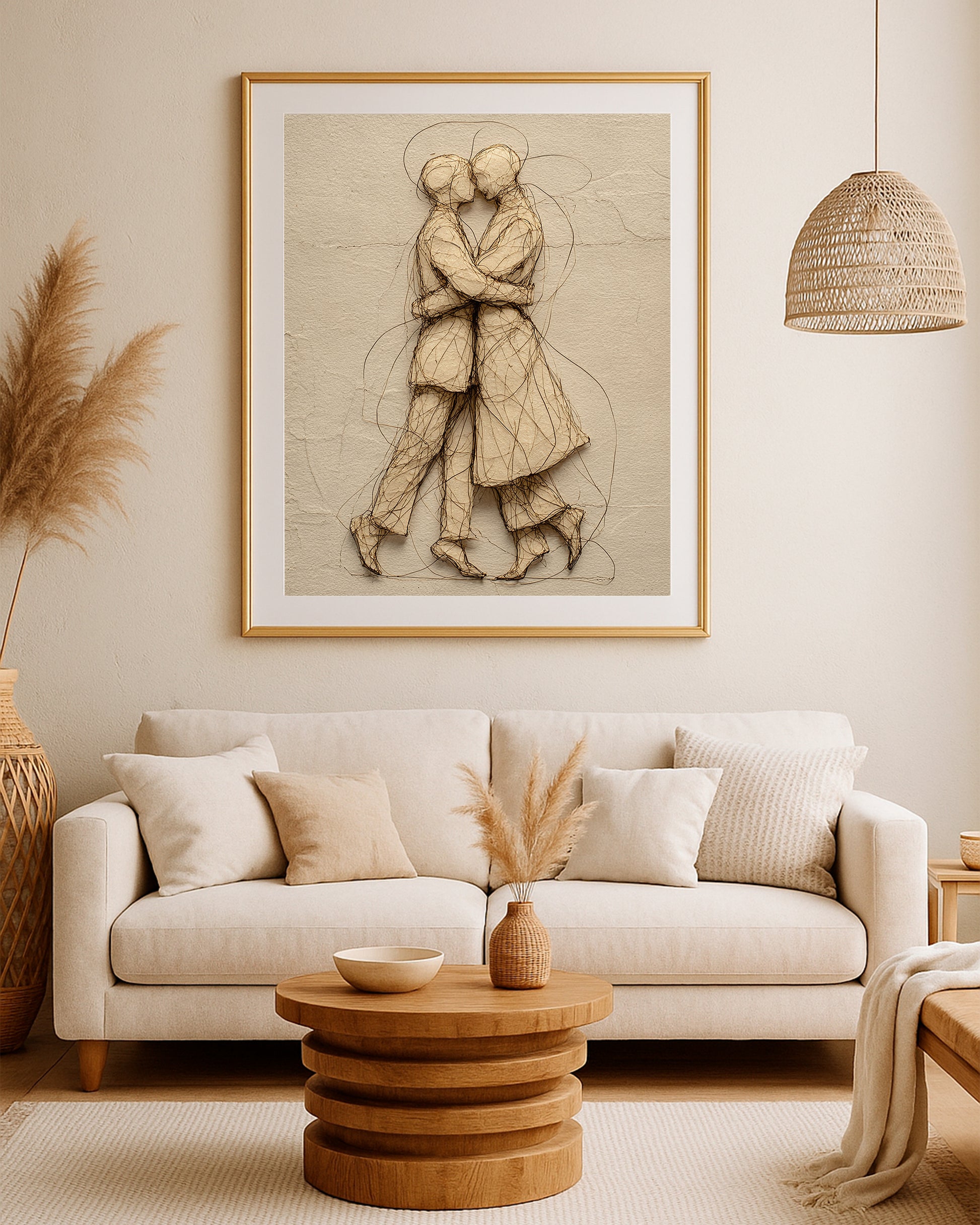 Romantic beige couple print featuring two figures in an intimate embrace with delicate brown line details.