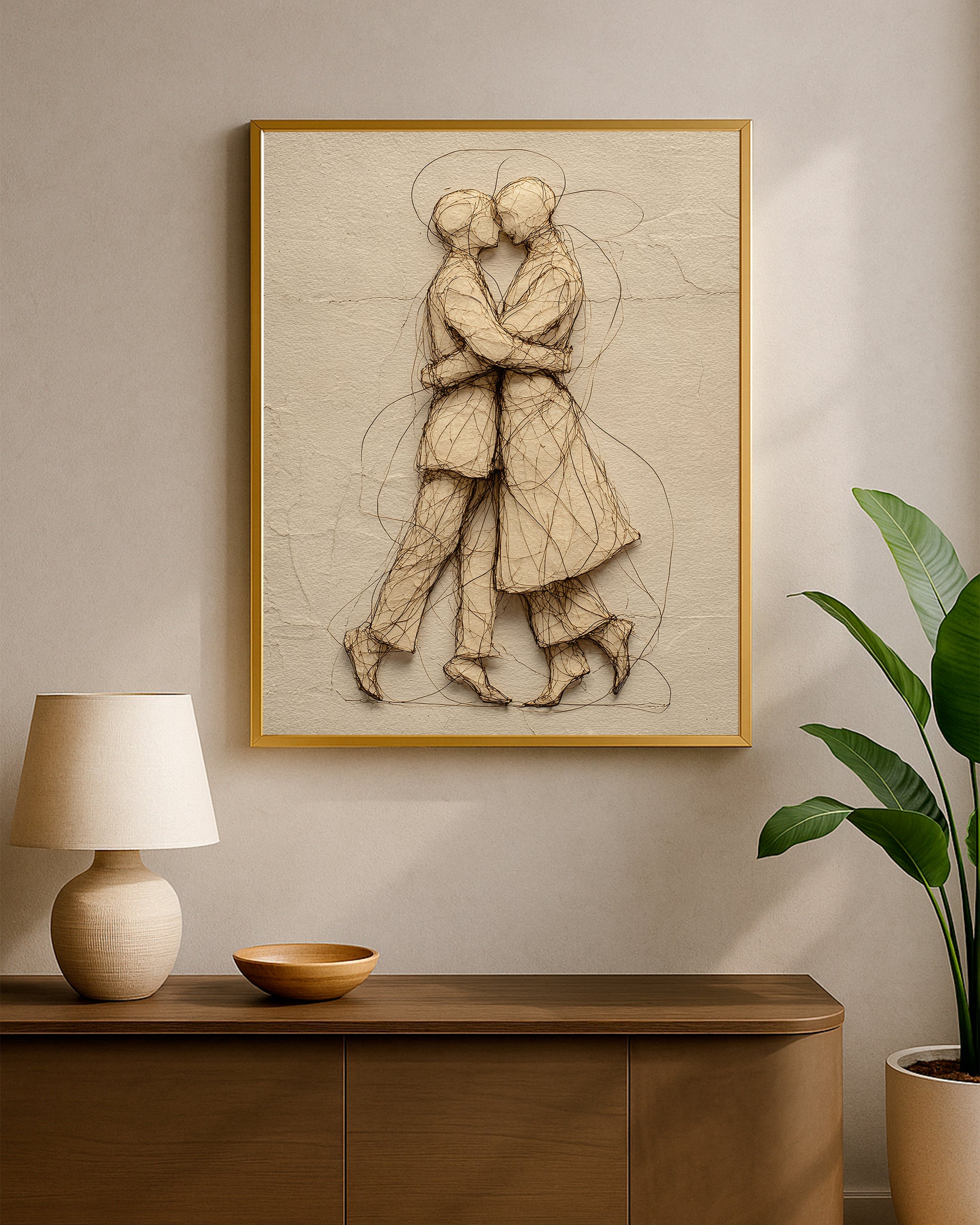 Textured couple kiss wall art with warm neutral tones, plaster-style background, and expressive fine lines.