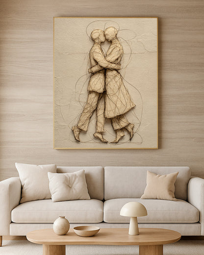 Elegant romantic wall art showing two figures wrapped together in a soft embrace on beige textured paper.