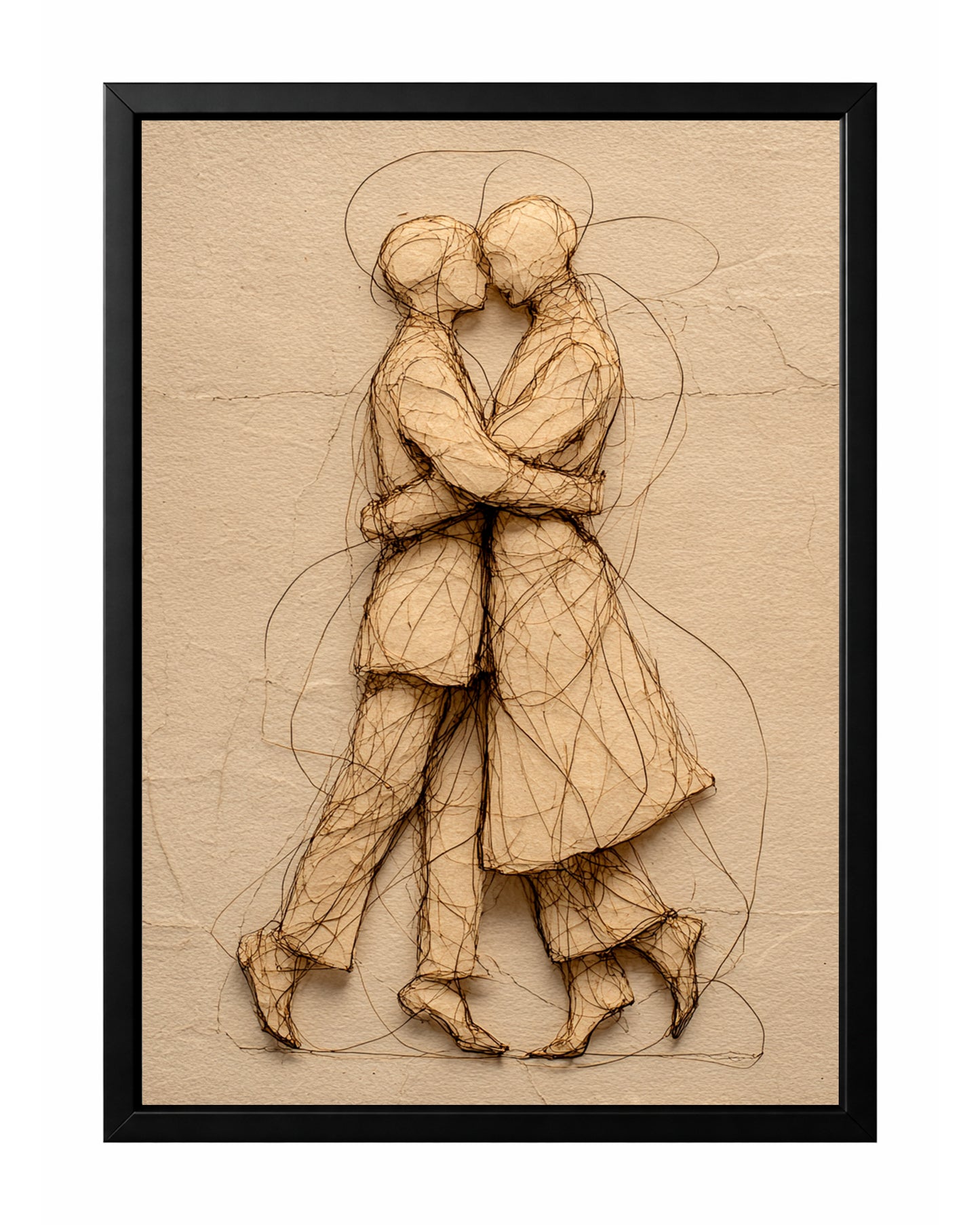 Textured romantic couple wall art showing two figures embracing and kissing on a warm beige background.