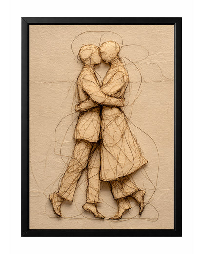 Textured romantic couple wall art showing two figures embracing and kissing on a warm beige background.