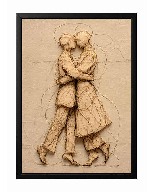 Textured romantic couple wall art showing two figures embracing and kissing on a warm beige background.