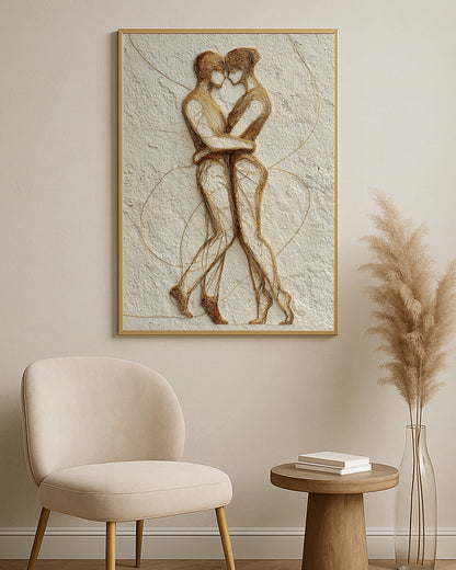 Romantic gold line artwork with two figures leaning close together in a warm neutral composition.