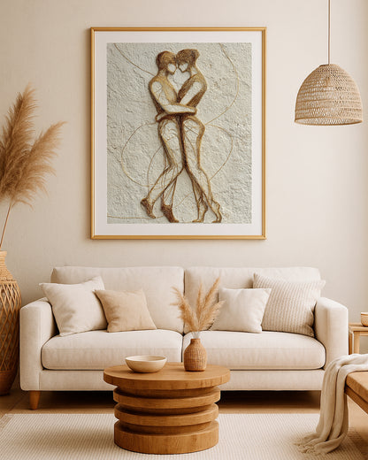 Textured couple wall art featuring gold and brown wire-like linework over soft beige plaster texture.