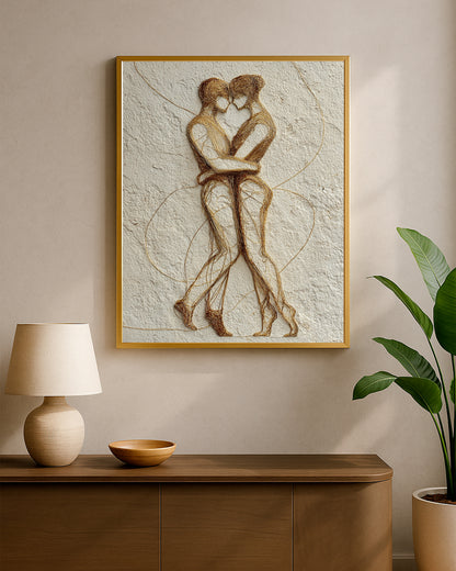 Neutral romantic print showing two seated figures in an intimate embrace with sculptural gold details.
