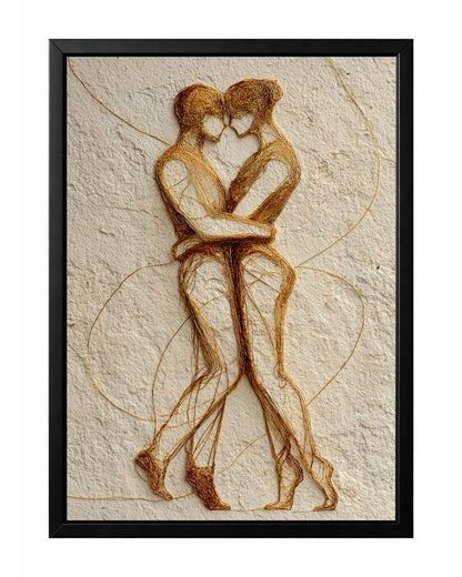 Gold couple embrace wall art showing two seated figures holding each other on a textured beige background.