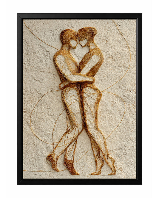 Gold couple embrace wall art showing two seated figures holding each other on a textured beige background.
