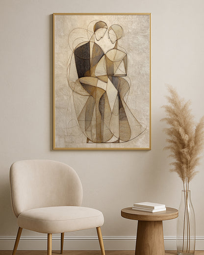 Neutral romantic artwork showing two figures leaning together with geometric shapes and fine line details.