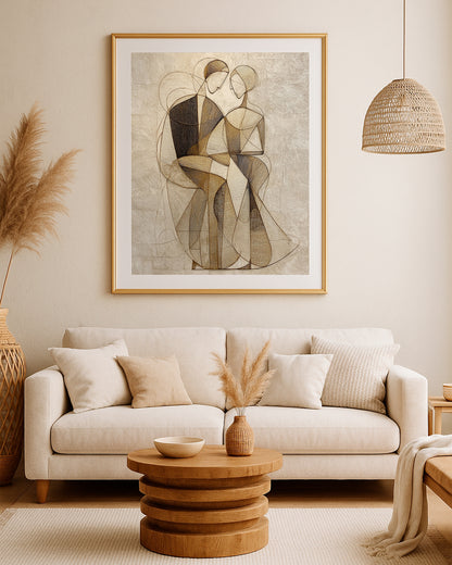 Textured abstract couple print with warm beige background, layered brown forms, and refined gold accents.