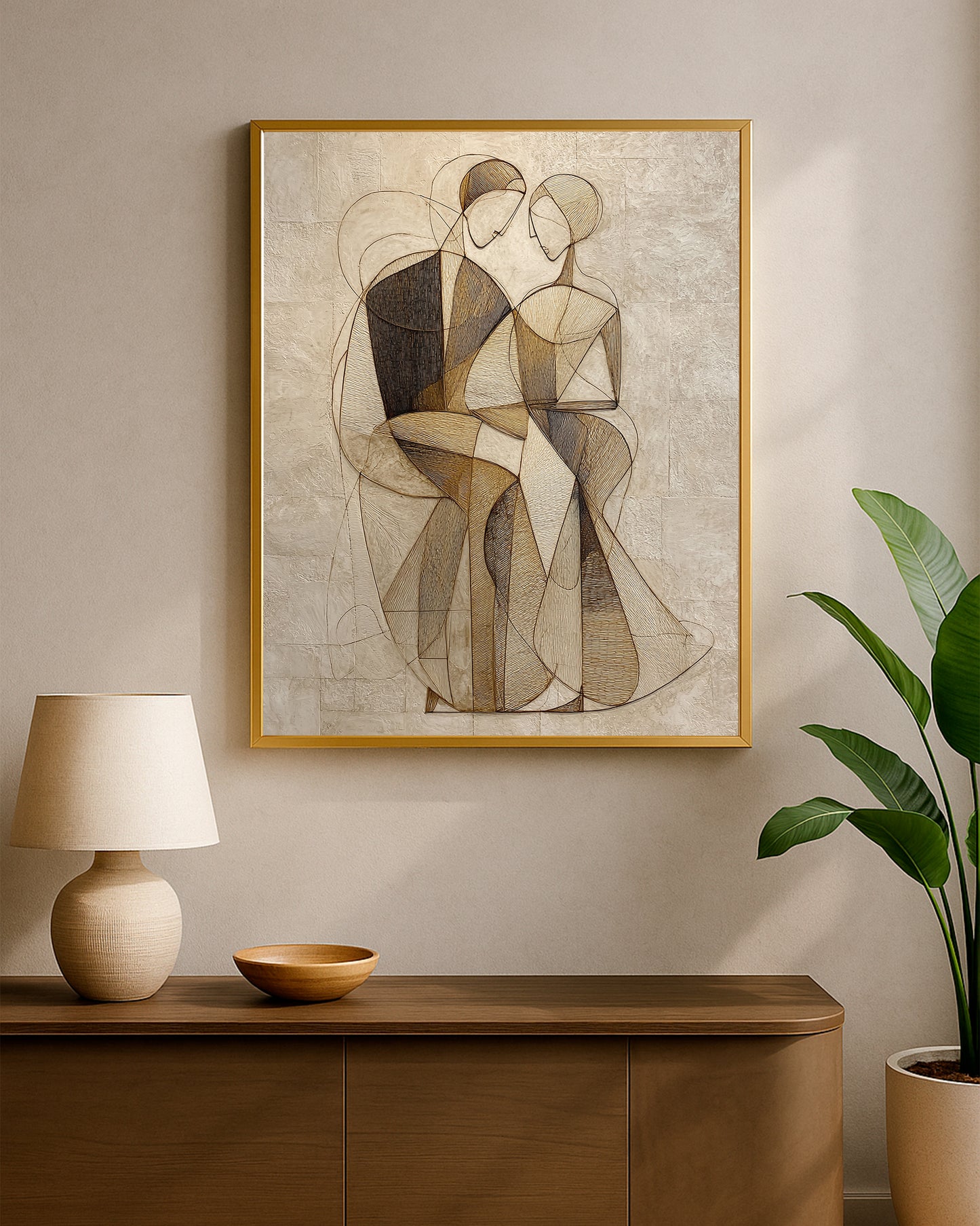 Modern couple wall art featuring two stylized figures in a quiet embrace with geometric body shapes.