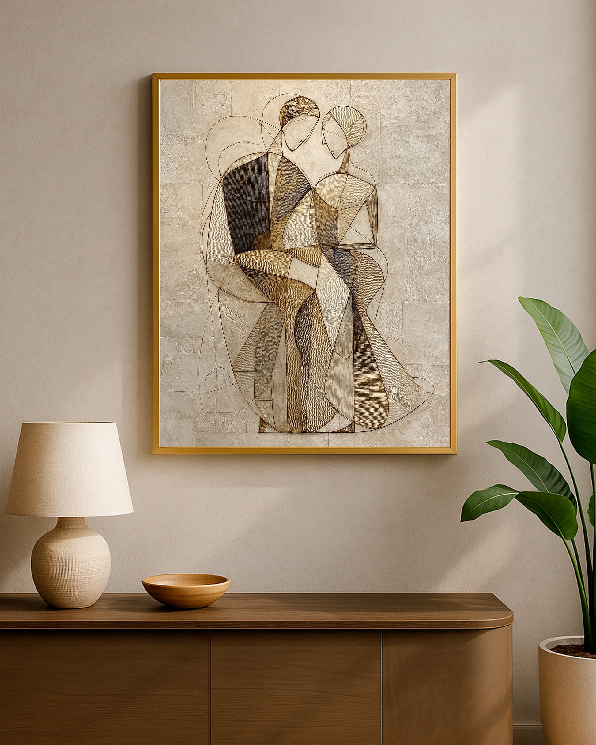 Modern couple wall art featuring two stylized figures in a quiet embrace with geometric body shapes.