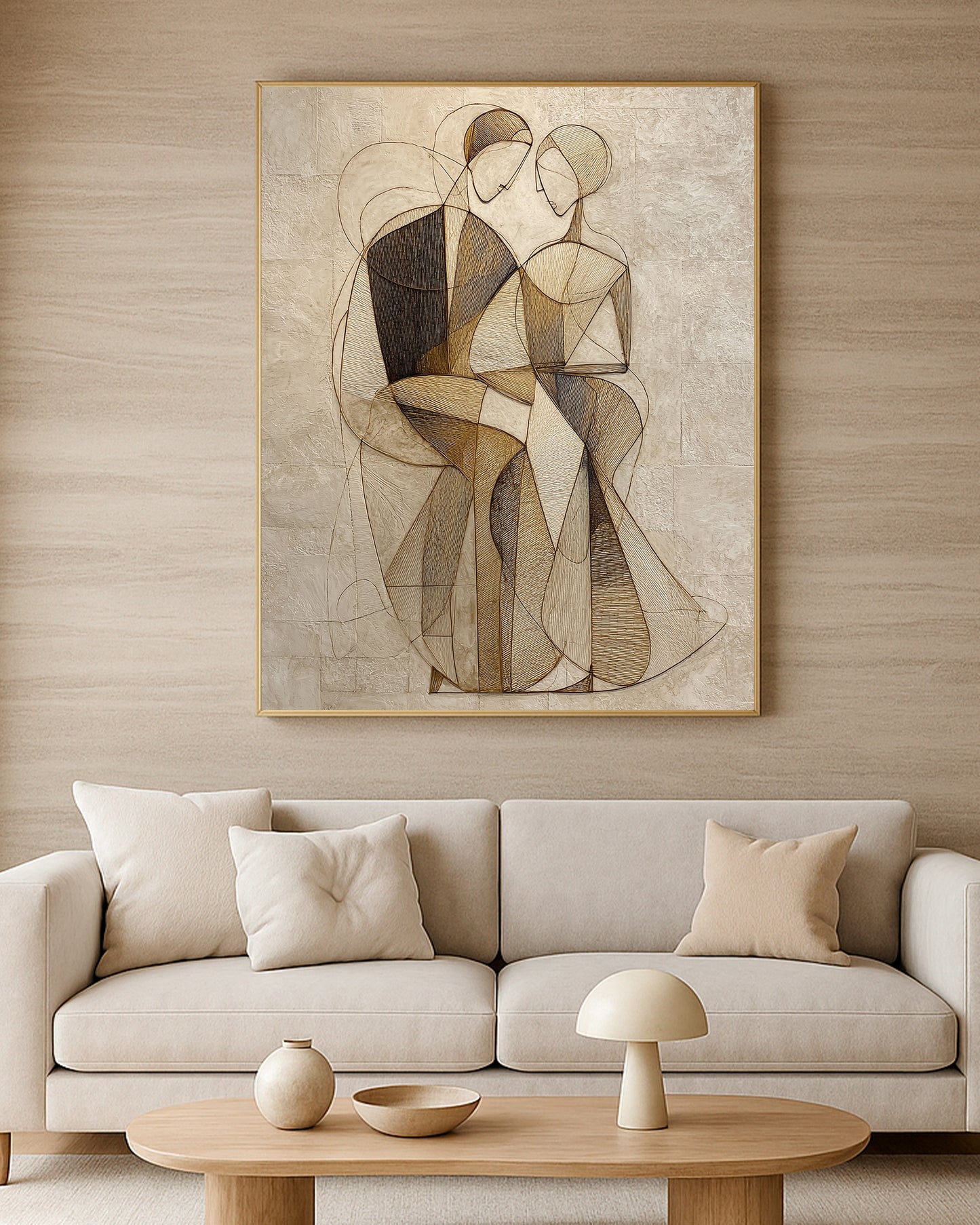 Warm neutral love artwork showing an abstract couple composition with textured plaster and fine linework.
