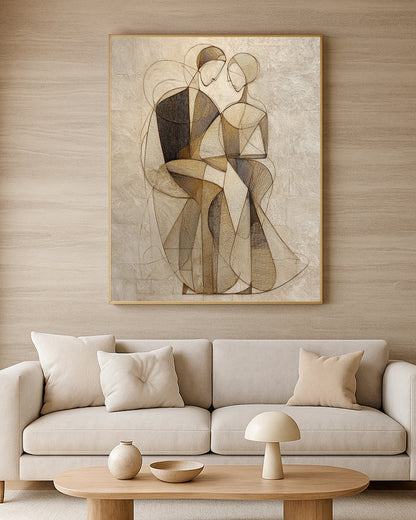 Warm neutral love artwork showing an abstract couple composition with textured plaster and fine linework.