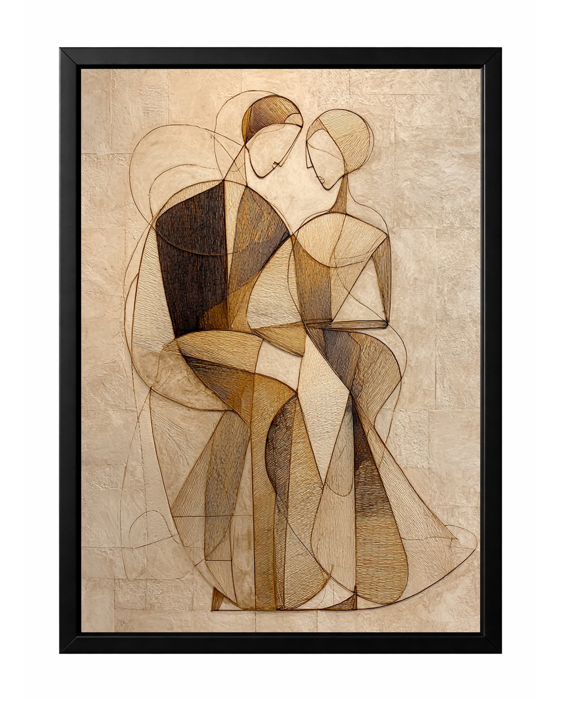 Geometric couple embrace wall art with two abstract figures in beige, brown, cream, and gold tones.