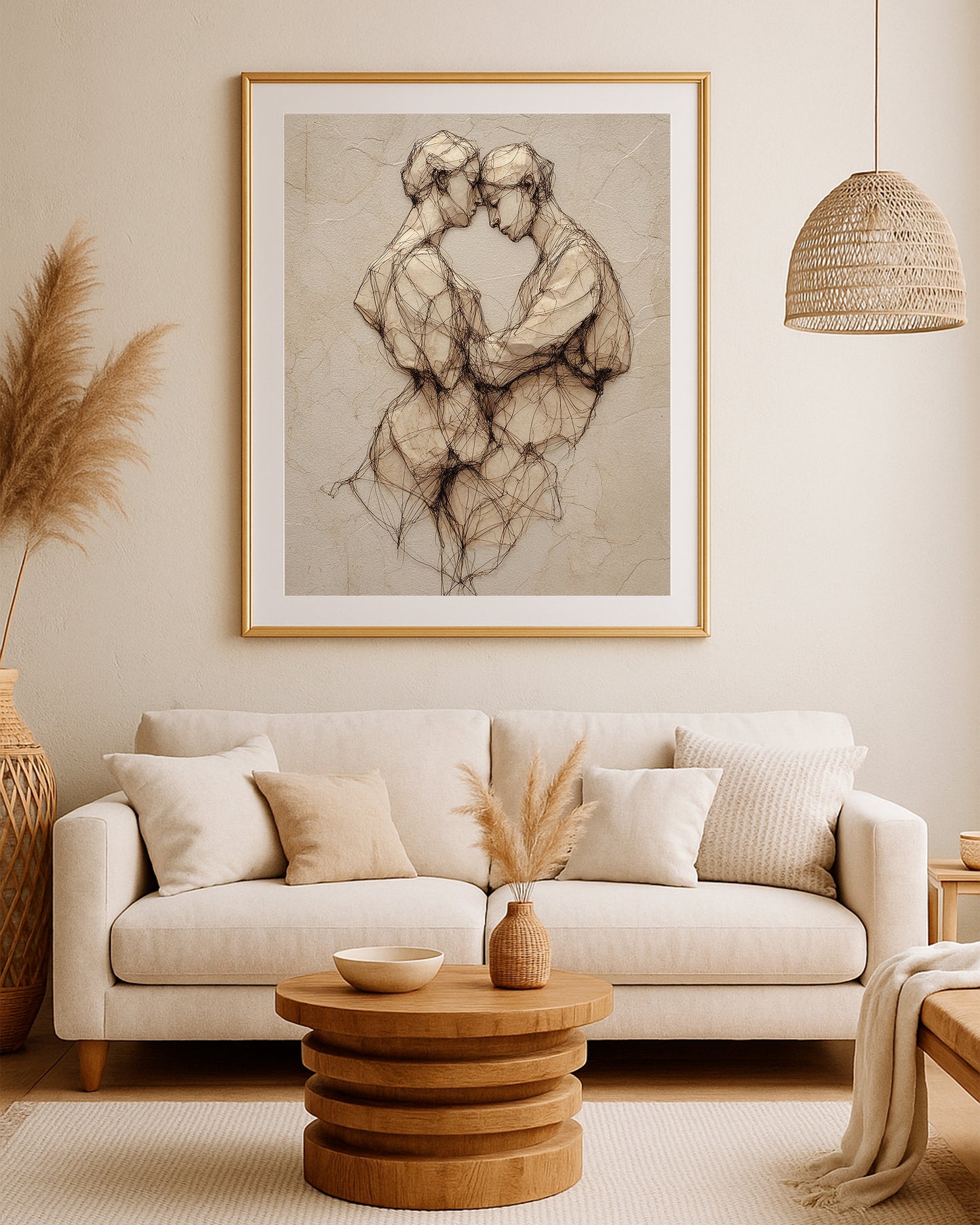 Beige couple artwork featuring delicate wire-like linework, sculptural texture, and an intimate face-to-face pose.