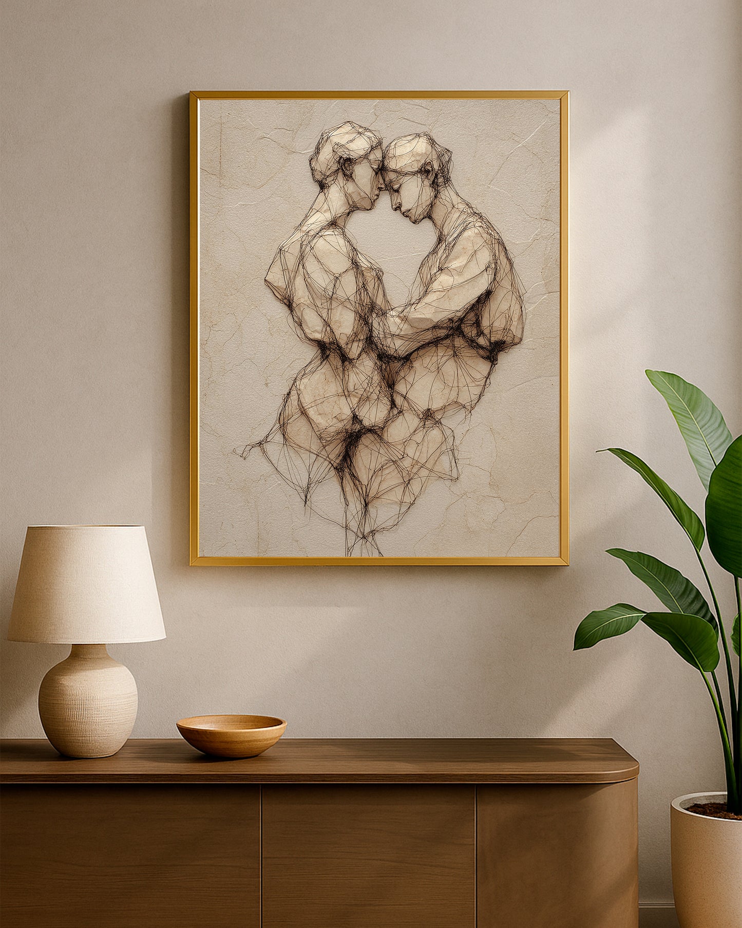 Textured romantic figure print with two people close together in warm neutral tones and fine black line details.