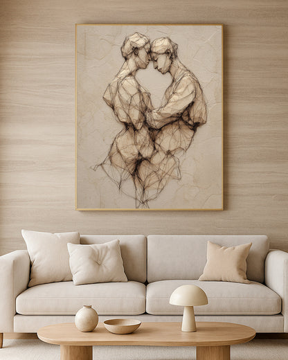 Minimal couple embrace artwork with beige plaster texture, brown shadows, and expressive sketch-style outlines.