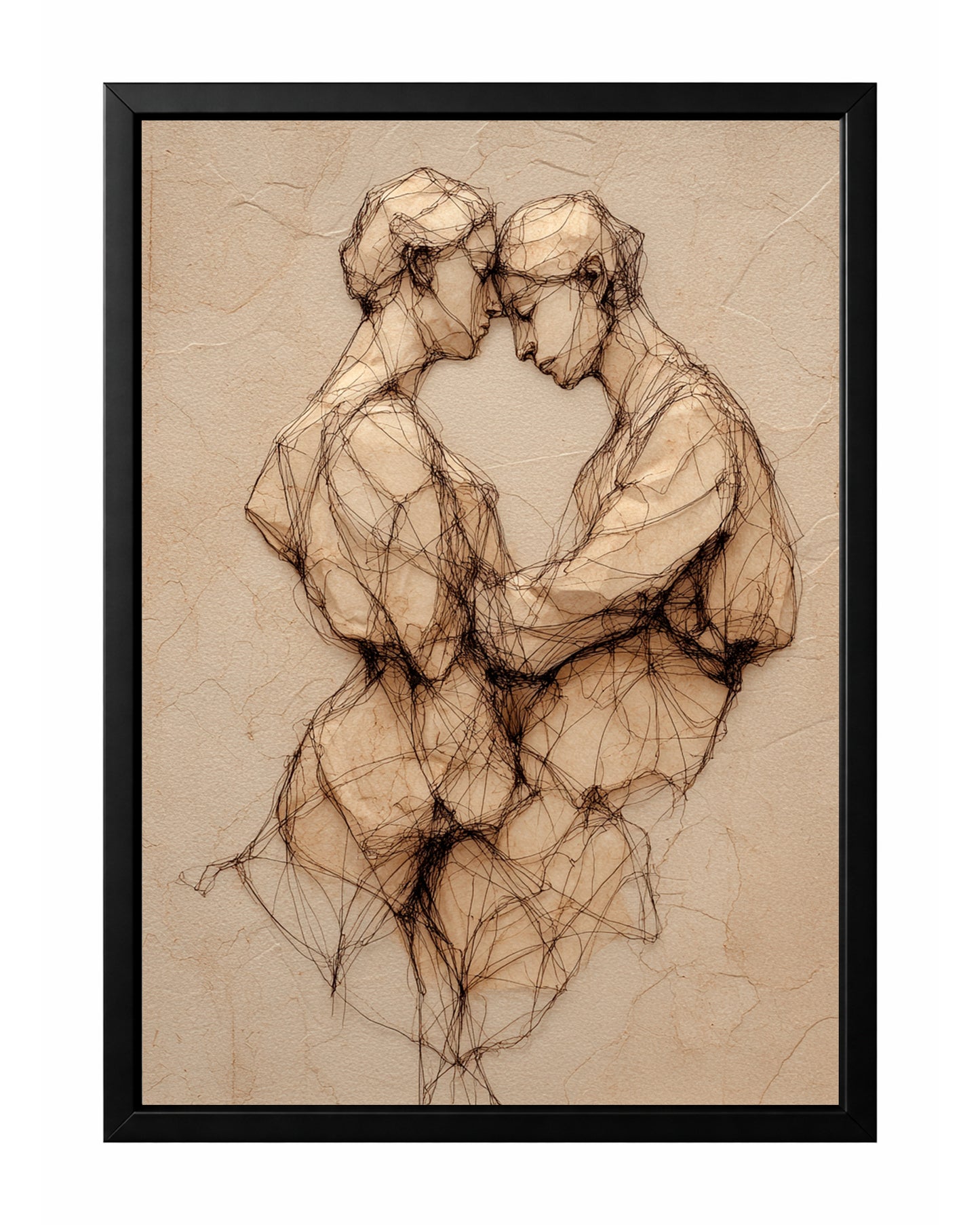Textured couple line art showing two figures leaning close together on a warm beige plaster-style background.