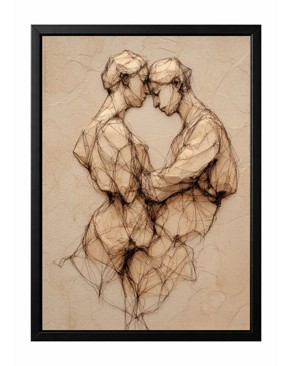 Textured couple line art showing two figures leaning close together on a warm beige plaster-style background.