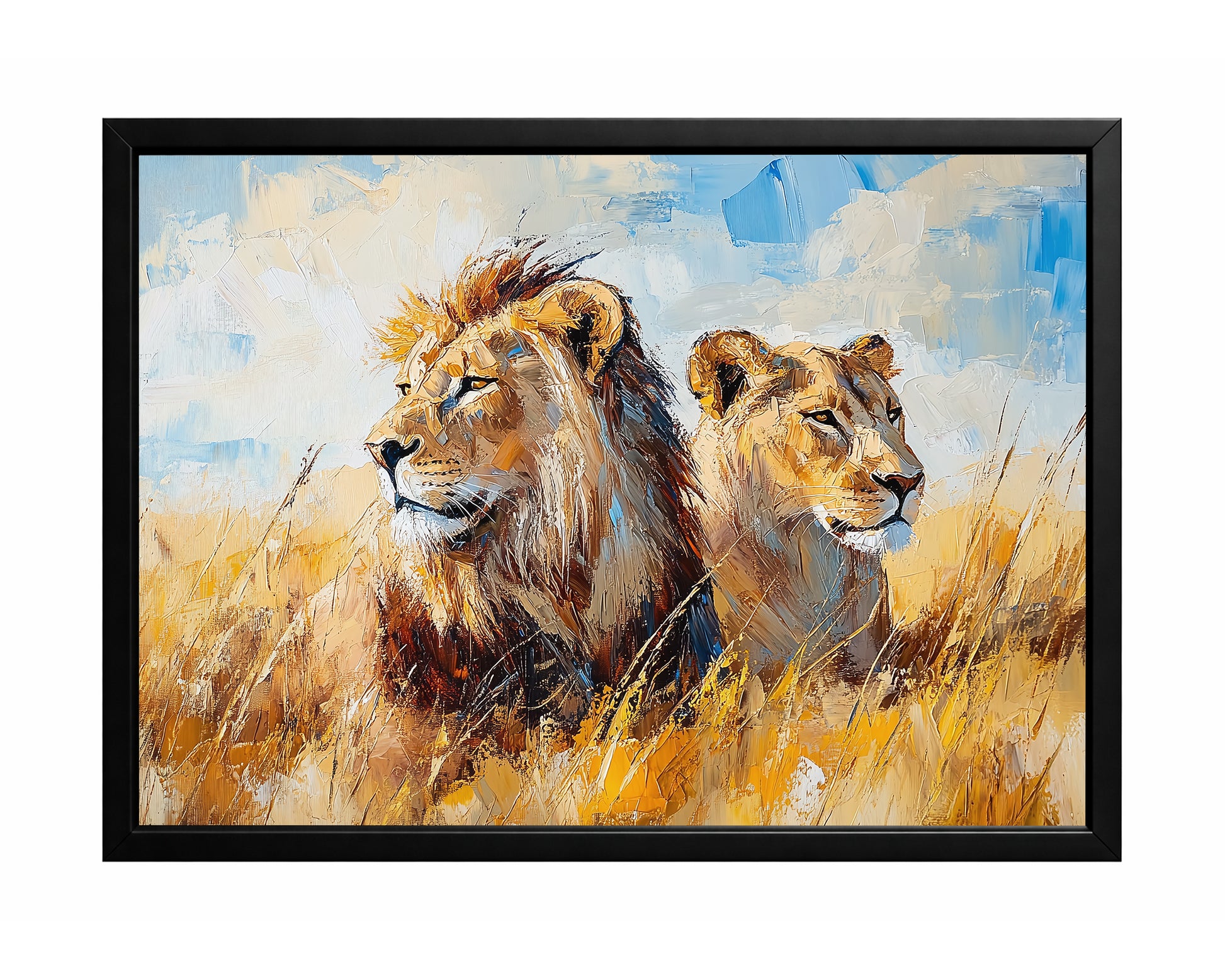 Lion couple wall art with a lion and lioness resting together in tall golden savanna grass