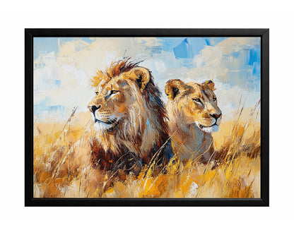 Lion couple wall art with a lion and lioness resting together in tall golden savanna grass
