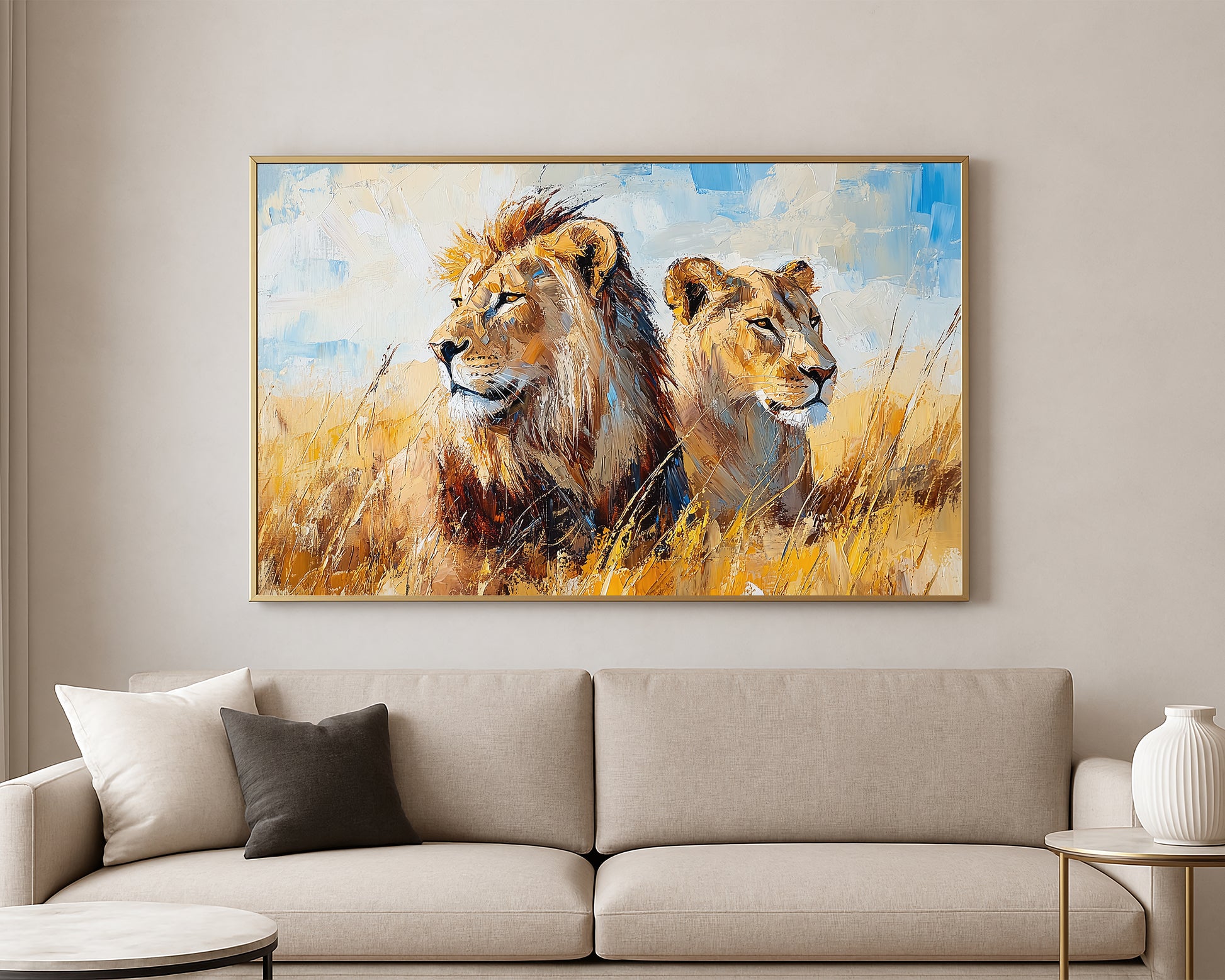 Textured wildlife artwork featuring a lion and lioness beneath a soft blue sky in warm earthy tones