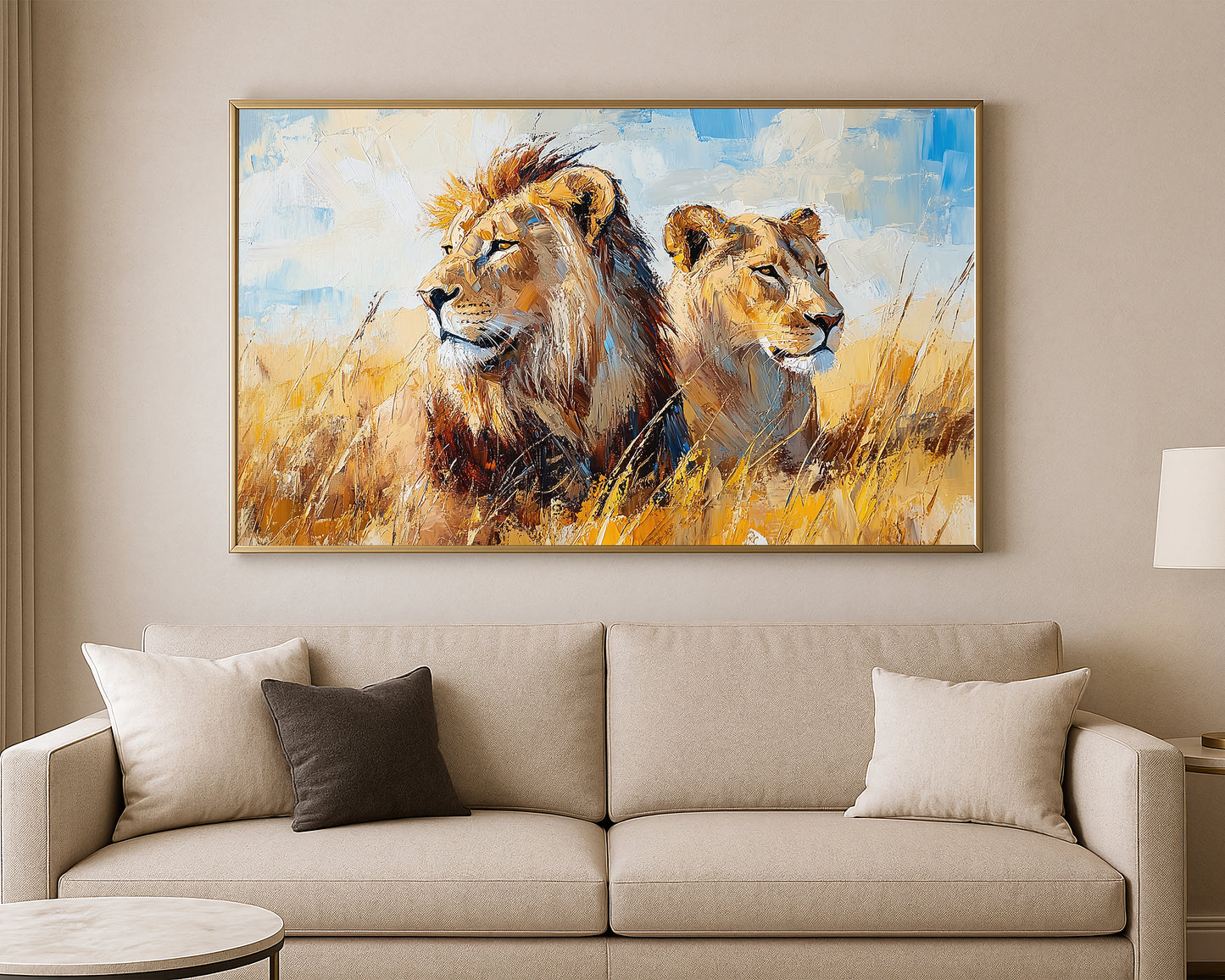 Safari wall art print showing two lions in a calm African grassland scene with expressive brushwork