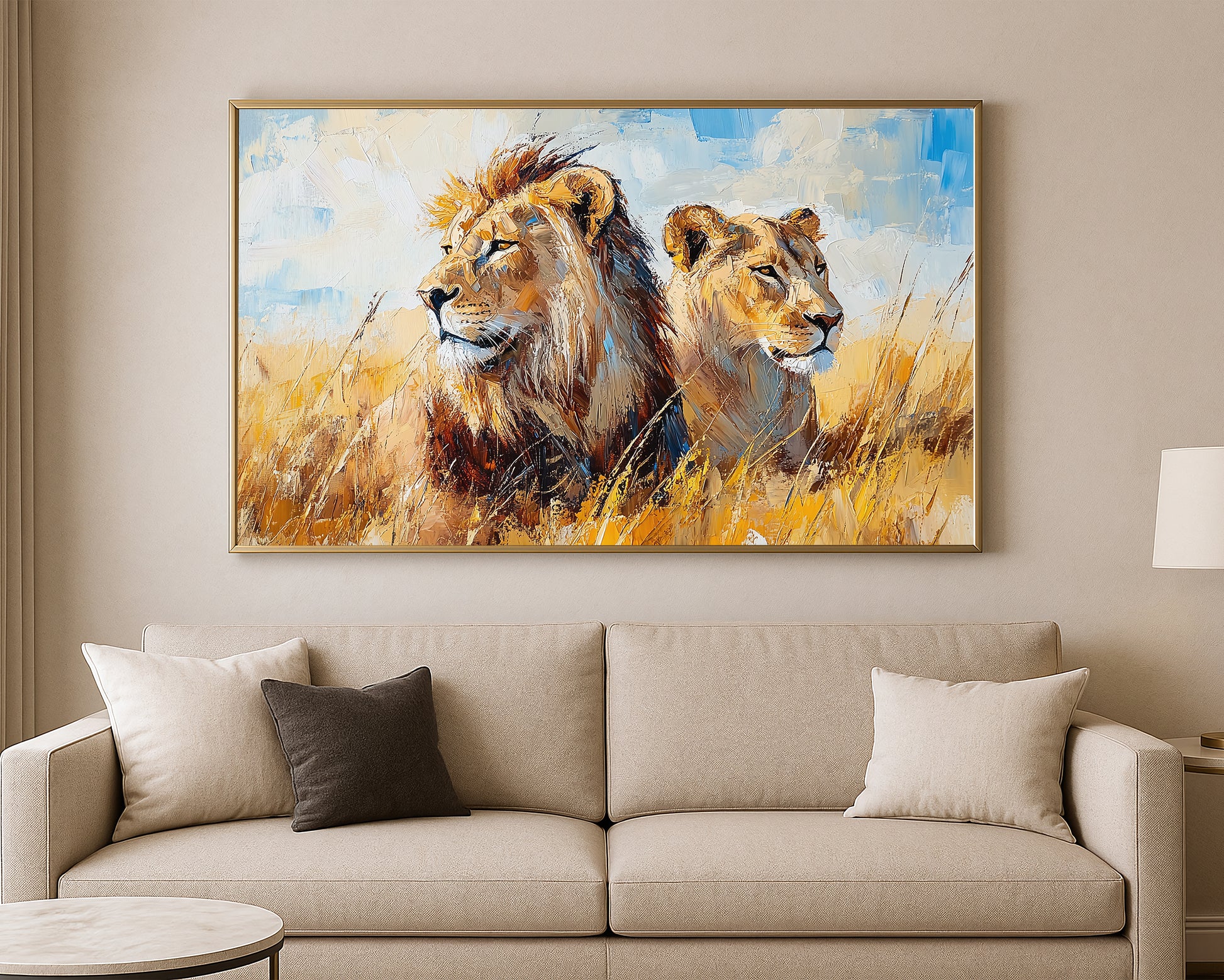 Safari wall art print showing two lions in a calm African grassland scene with expressive brushwork