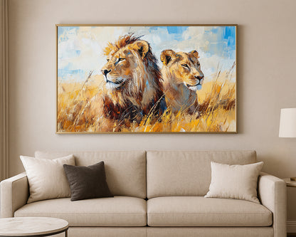 Safari wall art print showing two lions in a calm African grassland scene with expressive brushwork
